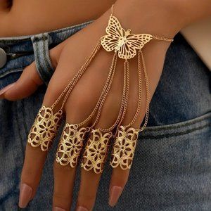 Butterfly Finger Ring Bracelet Punk Style 18K Gold Plated Alloy